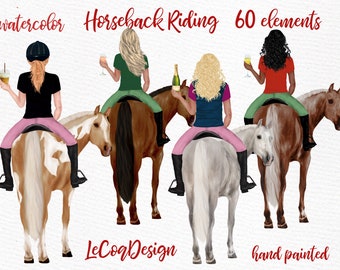 May include: Four women riding horses, each holding a drink. The women are wearing riding clothes and helmets. The horses are brown, white, and brown and white. The image is hand-painted in watercolor.