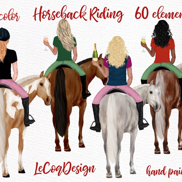 Clipart d’équitation: « GIRLS RIDING HORSE » Cheval clipart cavalier de style occidental Filles et chevaux Équitation clipart Filles avec champagne