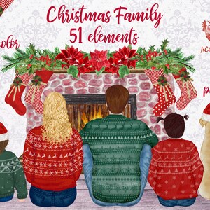 Clipart familiar de Navidad: "CLIPART DE RETRATO FAMILIAR" Navidad familiar Gorro de Papá Noel Padres e hijos Clipart de perros Clipart de chimenea Familia grande
