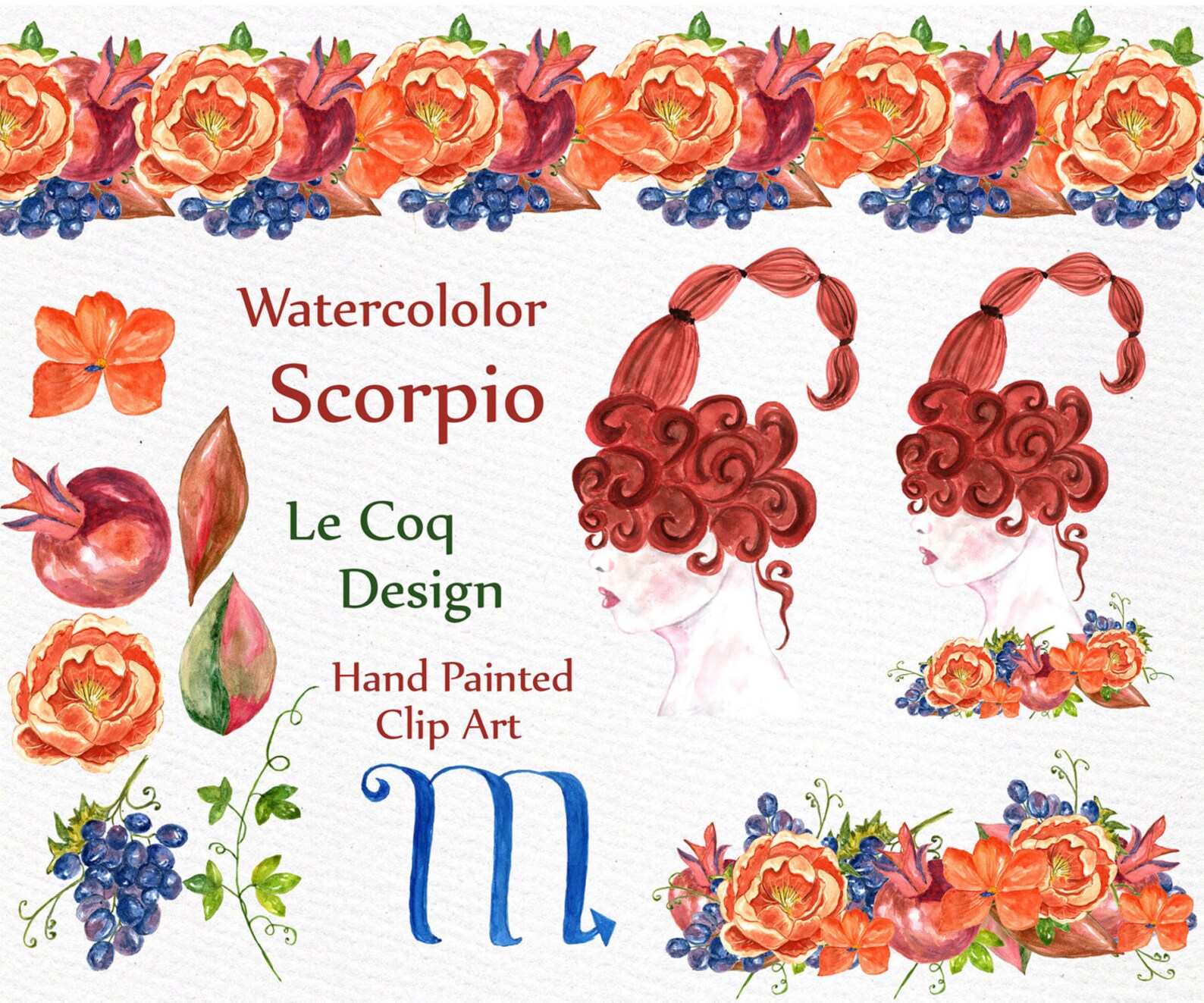 Scorpio zodiac sign Watercolor flowers Floral banner clipart Etsy