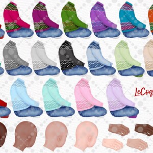 May include: A set of 25 digital illustrations of people wearing various coloured sweaters with a snowflake pattern. The illustrations are in a seated position with their arms crossed. The set also includes 4 illustrations of heads and 4 illustrations of hands.