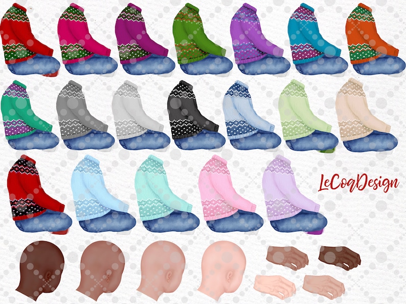 May include: A set of 25 digital illustrations of people wearing various coloured sweaters with a snowflake pattern. The illustrations are in a seated position with their arms crossed. The set also includes 4 illustrations of heads and 4 illustrations of hands.