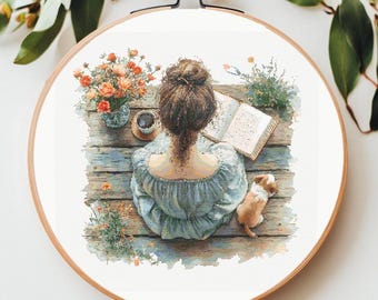 Patrón de punto de cruz de niña leyendo un libro: Escena acogedora de ratón de biblioteca (patrón PDF)
