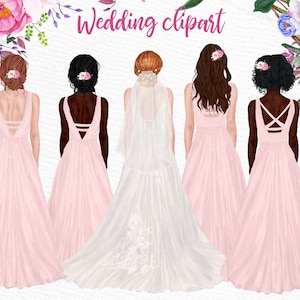 Wedding clipart: &quot;BRIDESMAID CLIPART&quot; Bride clipart Team Bride Bachelorette Party  Wedding dress  Custom bride tribe Watercolor flowers