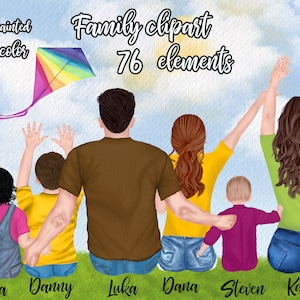 Familie Clipart: "PARENTS AND KIDS" Familie sitzen Strand Landschaft Papa Mama Kinder Aquarell Menschen Geschwister Clipart Familie Becher Designs
