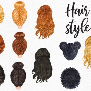 K&ouml;nnte beinhalten: Eine Sammlung von zehn Aquarell-Illustrationen verschiedener Frisuren f&uuml;r Frauen. Die Frisuren sind alle in verschiedenen Farben gehalten, darunter Blond, Braun, Schwarz und Rot. Die Illustrationen sind alle in einem einfachen, minimalistischen Stil gehalten.