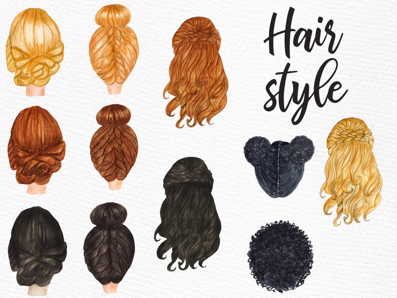 K&ouml;nnte beinhalten: Eine Sammlung von zehn Aquarell-Illustrationen verschiedener Frisuren f&uuml;r Frauen. Die Frisuren sind alle in verschiedenen Farben gehalten, darunter Blond, Braun, Schwarz und Rot. Die Illustrationen sind alle in einem einfachen, minimalistischen Stil gehalten.