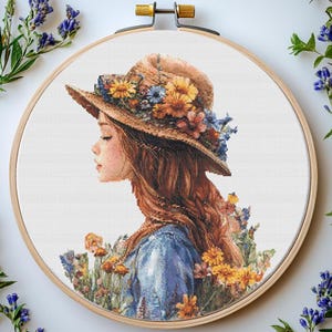 Girl with Flowers Cross Stitch Pattern: Whimsical Floral Hat (PDF)