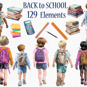 Terug naar school clipart: "JONGENS EN MEISJES" Kleine studenten Clipart School Clipart Schoolbenodigdheden Studie Meisje Clipart Kinderen met rugzak Png
