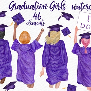 Clipart de formatura: "GRADUATING GIRLS" Aquarela meninas Formatura Chapéu Graduação Toga Planner Adesivos Estilos de cabelo Graduação Faculdade Sênior