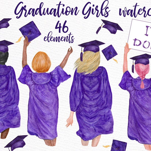 Graduation Clipart: "GRADUATING GIRLS" Watercolor girls Graduation Hat Graduation Toga Planner Stickers Hair Styles Grad College Senior