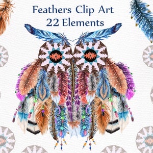 Aquarelle de plumes clipart : « TRIBAL CLIPART » hibou clipart clipart Boho bricolage invite les invitations de mariage indien clipart carte de voeux