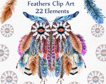 Watercolor feathers clipart: "TRIBAL CLIPART" Owl clipart Boho clipart DIY invites wedding invitations Indian clipart Greeting card