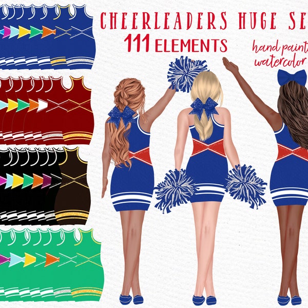 Cheerleaders Bundle  Clipart: "GIRLS CLIPART" Watercolor Girls Best Friends Sports Team Clip Art Cheerleaders uniforms School Girls clipart