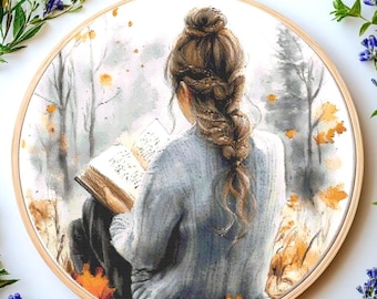 Patrón de punto de cruz de niña leyendo un libro: Diseño literario acogedor (PDF)