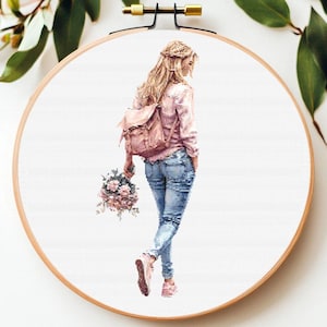 Girl with Flowers Cross Stitch Pattern: Elegant Women Embroidery (PDF)
