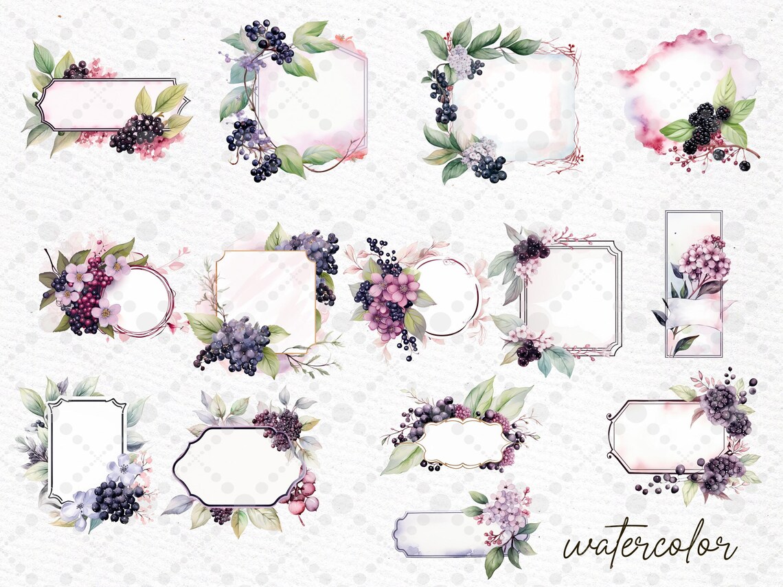 Watercolor Berry Frames Clipart: Floral Wedding Invitations (PNG) - Etsy