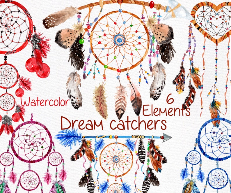 May include: Six watercolor dreamcatchers with feathers and beads. The dreamcatchers are in various shapes and sizes, including circles, hearts, and a long, thin one with an arrow.