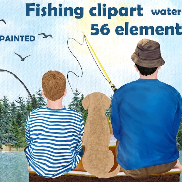 Fishing clipart: "BOY FISHING"  Father's day clipart  Dad and Boy fishing  Rods Boat Dog Lake Landscape Father and son Customizable clipart