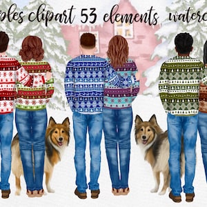 Paar Clipart: "MENSCHEN CLIPART" Winter Landschaften Freund Freund Paar Portrait Weihnachten Pullover Liebe Clipart Menschen mit Hunden