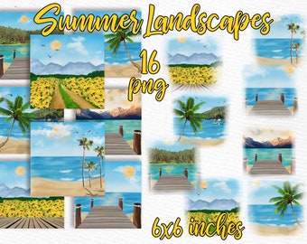 Summer Landscapes clipart: "BEACH LANDSCAPES" Beach backdrop Custom Landscapes Mug Design Sunflower landscape Summer Background Mug template