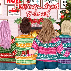 Christmas Girls Clipart: "BEST FRIEND CLIPART" Diseño de taza de Navidad Clipart personalizable Bff clipart Suéteres a juego Escenario navideño