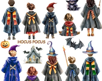 Watercolor Wizard Kids Clipart: Halloween Family Magic (PNG Files)