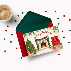 May include: A Christmas card with a festive illustration of a fireplace, decorated Christmas tree, and a red armchair with the text "Merry Christmas" on it.