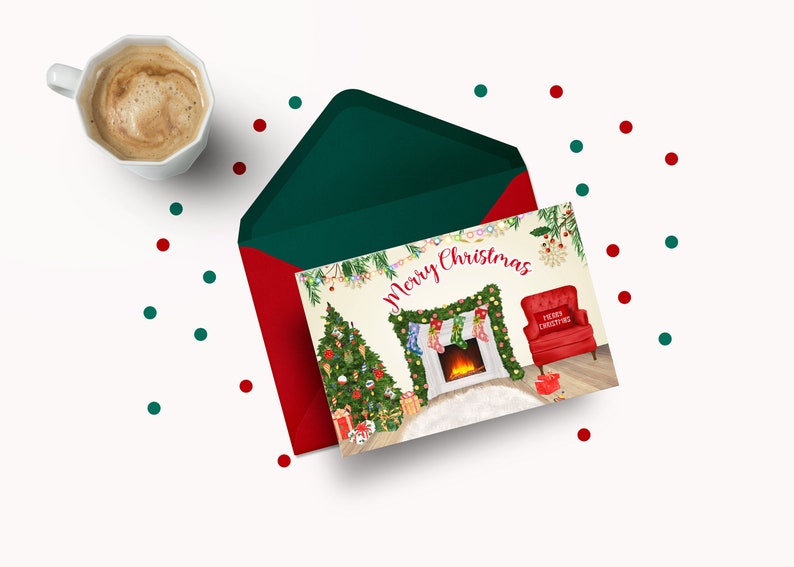 May include: A Christmas card with a festive illustration of a fireplace, decorated Christmas tree, and a red armchair with the text "Merry Christmas" on it.