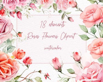 Watercolor Pink Roses Clipart: Floral Borders & Wreaths (PNG Digital Download)