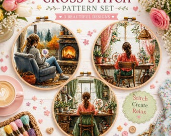 Kreuzstichmuster Set PDF, 3 Designs Bundle, Cozy Girl Stickmuster, Cottagecore Kreuzstich, entspannende Handarbeit