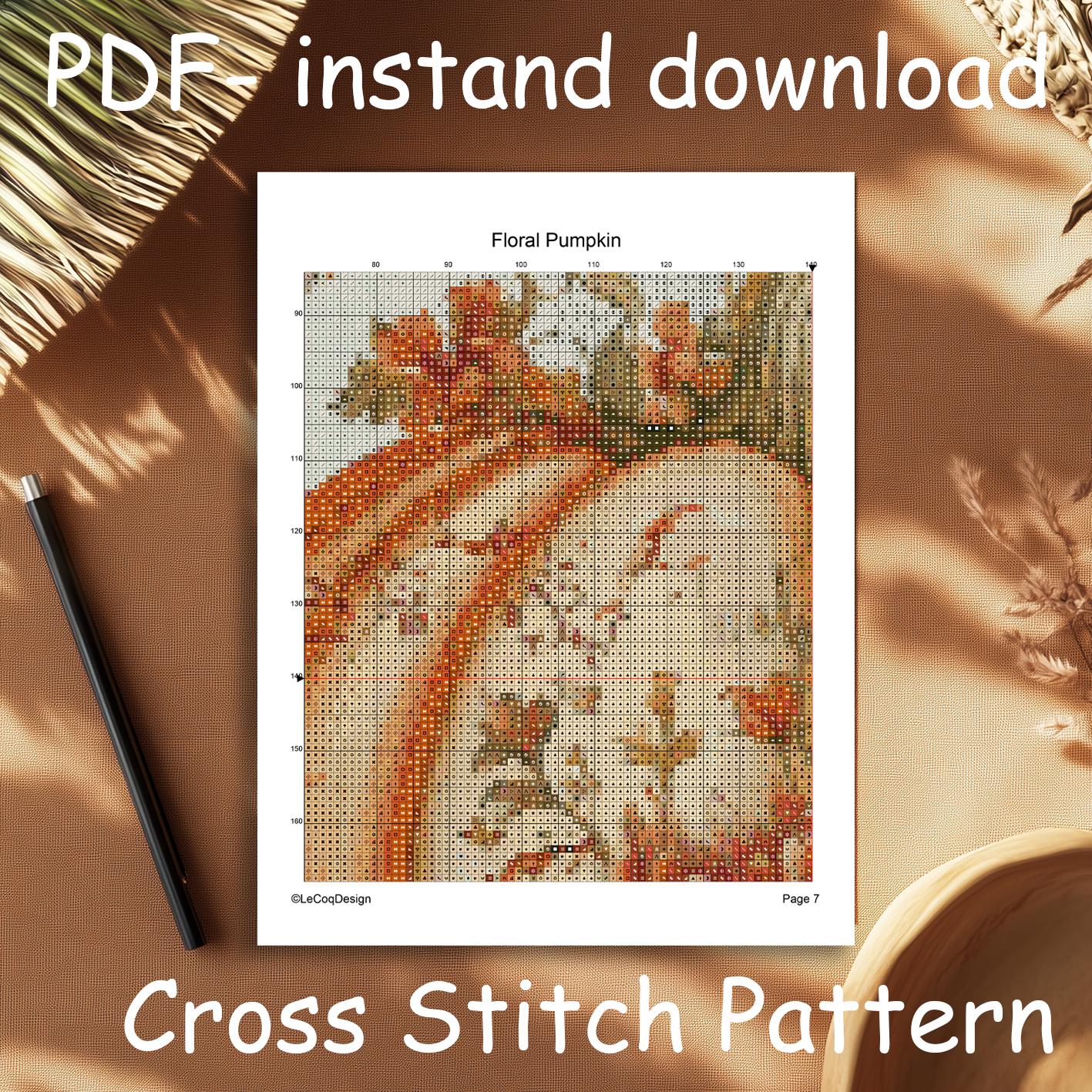 Floral Pumpkin Cross Stitch Pattern: Thanksgiving Harvest Embroidery ...