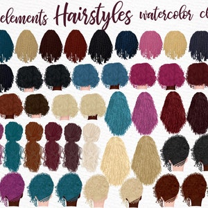 Puede incluir: 51 ilustraciones de clipart de acuarela de diferentes peinados. Los peinados están todos en varios tonos de marrón, rojo, morado, azul y rubio.