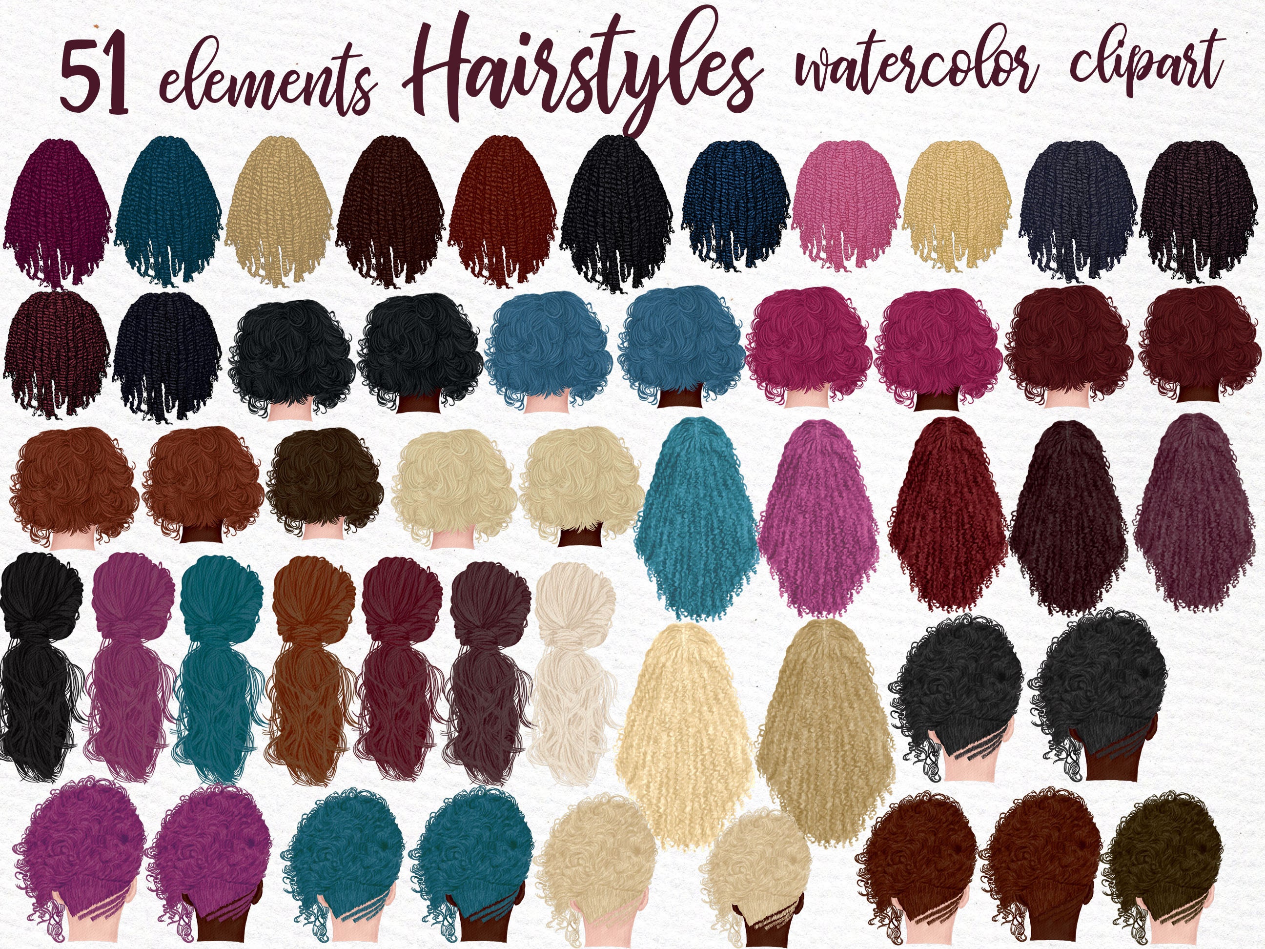 Hairstyles clipart: "GIRLS CLIPART" Dreads Hairstyles Custom hairstyles Long hair Girls hair clipart  Watercolor clipart Fashion clipart
