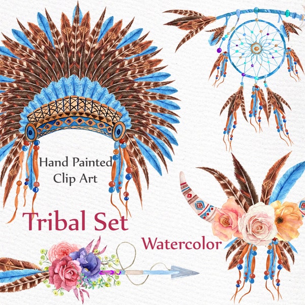 Clipart tribal aquarelle : « TRIBAL CLIP ART » dreamcatcher coiffe Boho clipart flèches plumes bricolage clipart clipart indien mariage clipart