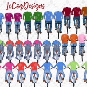 May include: Illustration of multiple cyclists wearing various colored shirts and denim jeans. Some cyclists are wearing overalls. The cyclists are riding bicycles. The text "Le Coq Designs" is at the top of the image.