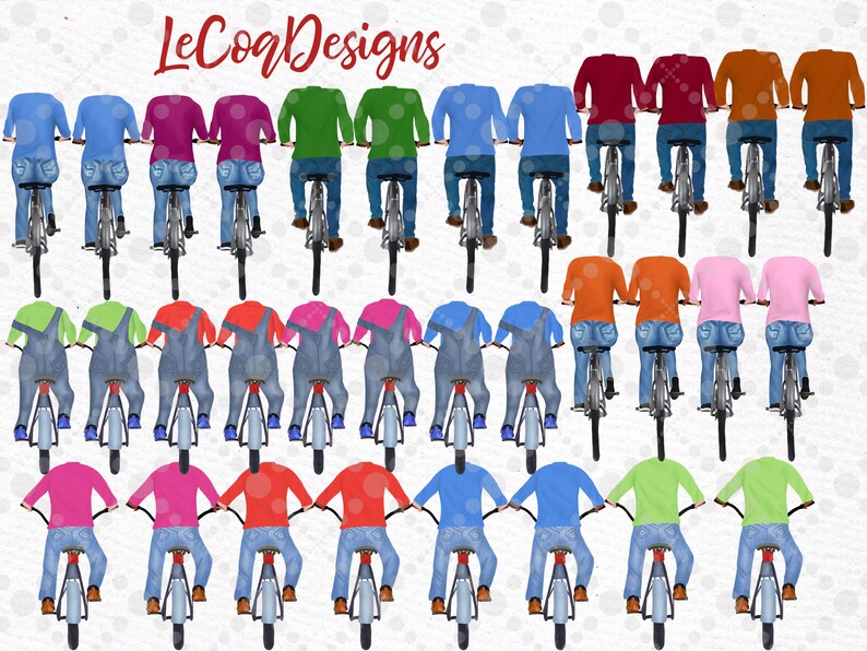 May include: Illustration of multiple cyclists wearing various colored shirts and denim jeans. Some cyclists are wearing overalls. The cyclists are riding bicycles. The text "Le Coq Designs" is at the top of the image.