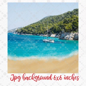 May include: A digital painting of a sailboat anchored in a turquoise bay with a sandy beach and a lush green hillside in the background.