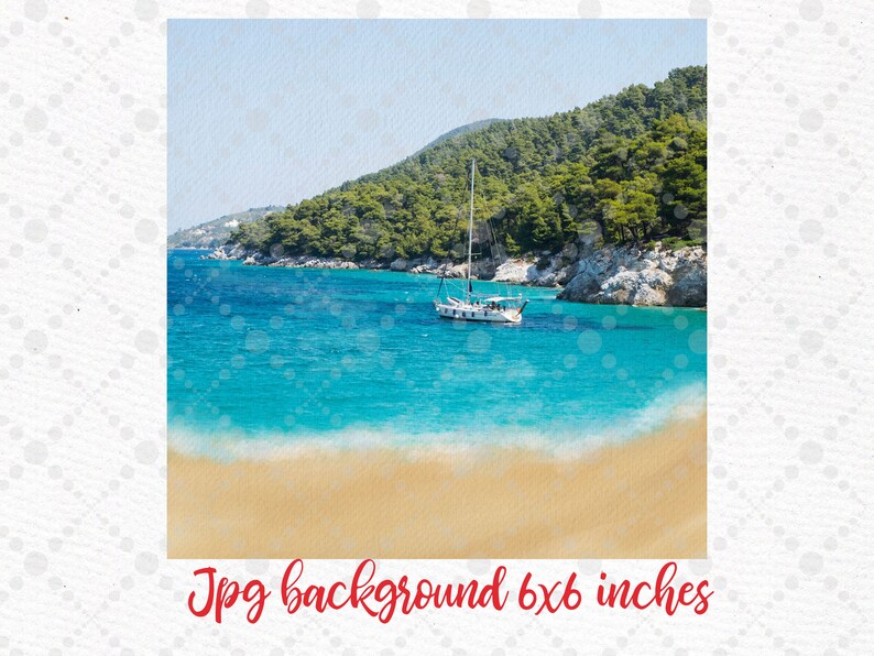 May include: A digital painting of a sailboat anchored in a turquoise bay with a sandy beach and a lush green hillside in the background.