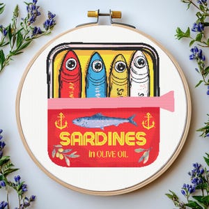 Sardines Can Cross Stitch Pattern: &quot;SARDINES CROSS STITCH&quot; Fish Can Cross Stitch Pattern Cross Stitch Sardine Food Art Kitchen cross stitch