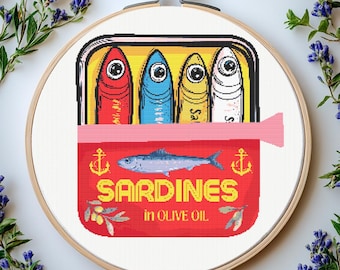Sardines Can Cross Stitch Pattern: Food Art Kitchen Decor (PDF Pattern)
