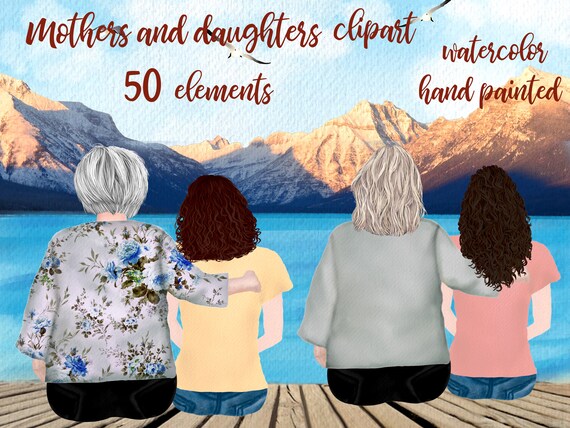 Mother and daughter clipart: "GRANDMOTHER CLIPART" Mother's day clipart  Watercolor people family clipart Best friends Lake dock landscape