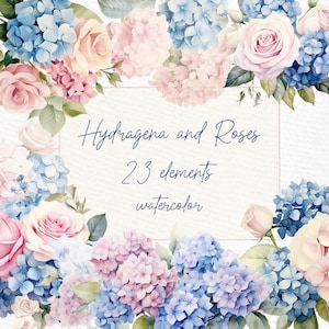 Clipart di fiori di ortensia: "HYDRANGEA AND ROSES" Fiori ad acquerello Inviti di nozze Cornici floreali Bordi prefabbricati Ghirlande di ortensie Png