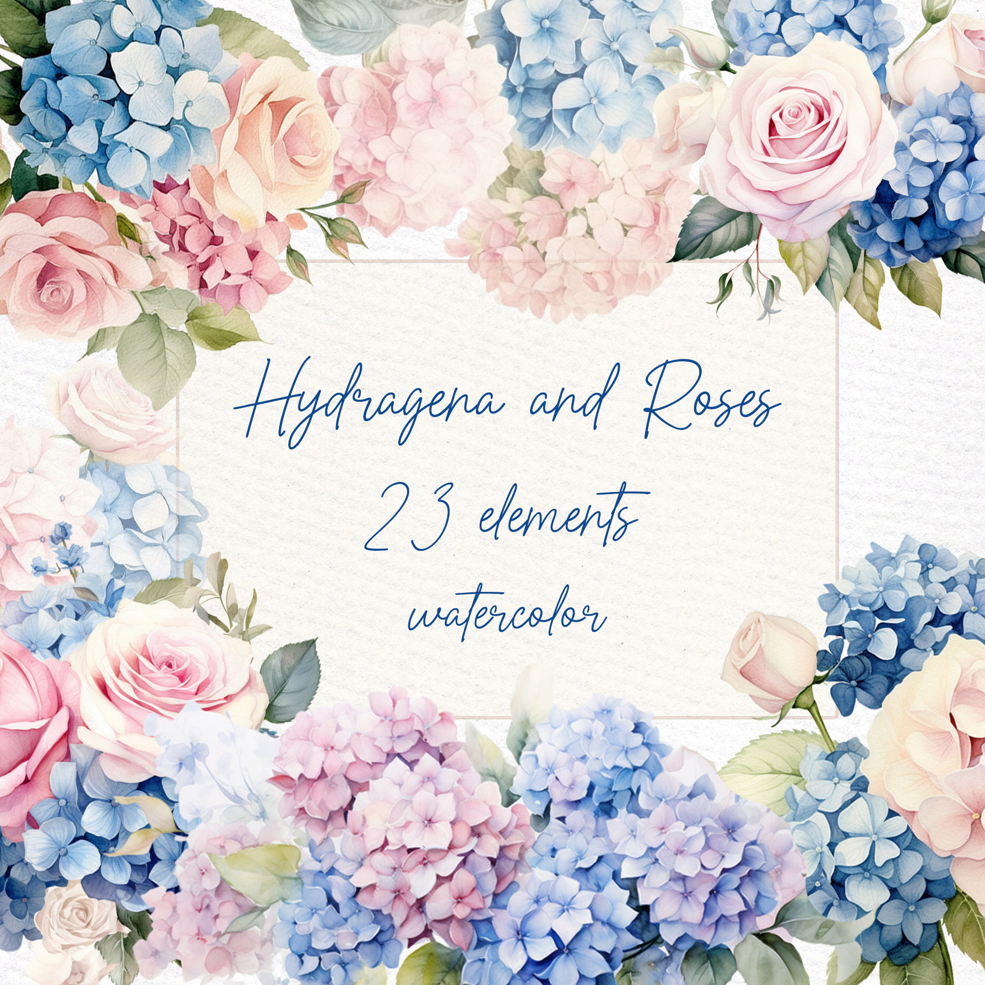 Hydrangea Flowers Clipart: "HYDRANGEA AND ROSES" Watercolor flowers Wedding invitations Floral Frames Premade Borders Hydrangea wreaths Png