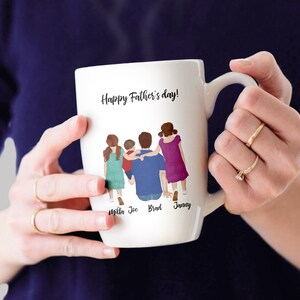 May include: White ceramic mug with a colorful illustration of a family of five walking together. The mug has the text "Happy Father's Day!" and the names "Mila, Joe, Brad, Jenny" printed on the bottom.
