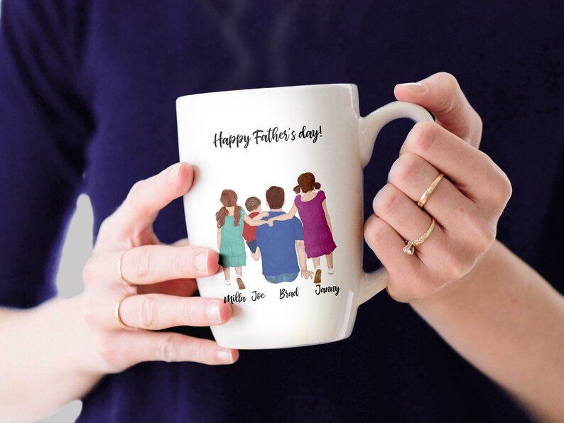 May include: White ceramic mug with a colorful illustration of a family of five walking together. The mug has the text "Happy Father's Day!" and the names "Mila, Joe, Brad, Jenny" printed on the bottom.