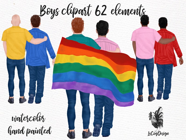 May include: Watercolor illustration of six people walking together, holding hands. The people are wearing casual clothing and are holding a rainbow flag. The illustration is hand-painted and has a watercolor style.