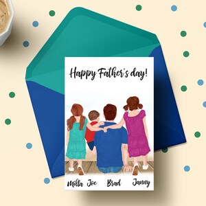 May include: A card with the text "Happy Father's Day!" and a drawing of a father with three children. The children are standing behind the father and holding onto his shoulders. The father is wearing a blue shirt and the children are wearing colorful shirts and dresses. The names "Milla", "Joe", "Brad", and "Janny" are written below the drawing.