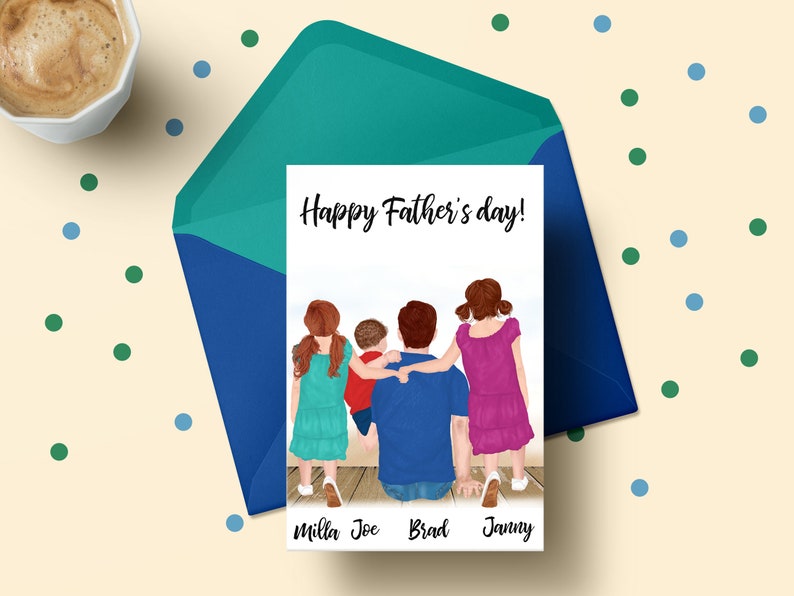 May include: A card with the text "Happy Father's Day!" and a drawing of a father with three children. The children are standing behind the father and holding onto his shoulders. The father is wearing a blue shirt and the children are wearing colorful shirts and dresses. The names "Milla", "Joe", "Brad", and "Janny" are written below the drawing.