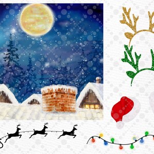 May include: A snowy winter scene with a full moon, a brick chimney, and three reindeer pulling a sleigh. There are also two red Santa hats, a string of Christmas lights, and two sets of reindeer antlers.